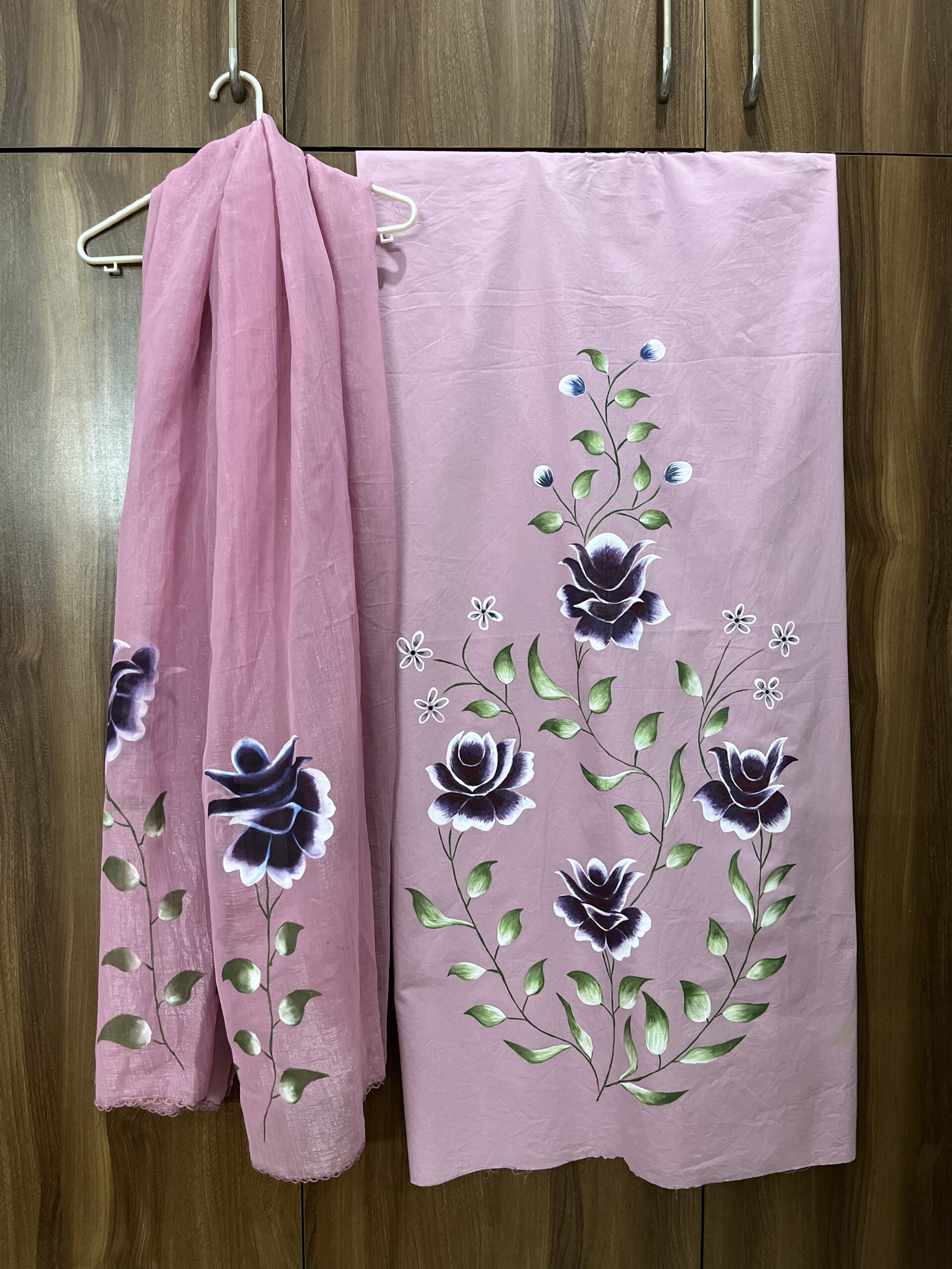 Hand-Painted Pink Floral Unstitched Suit with Dupatta - Image 2