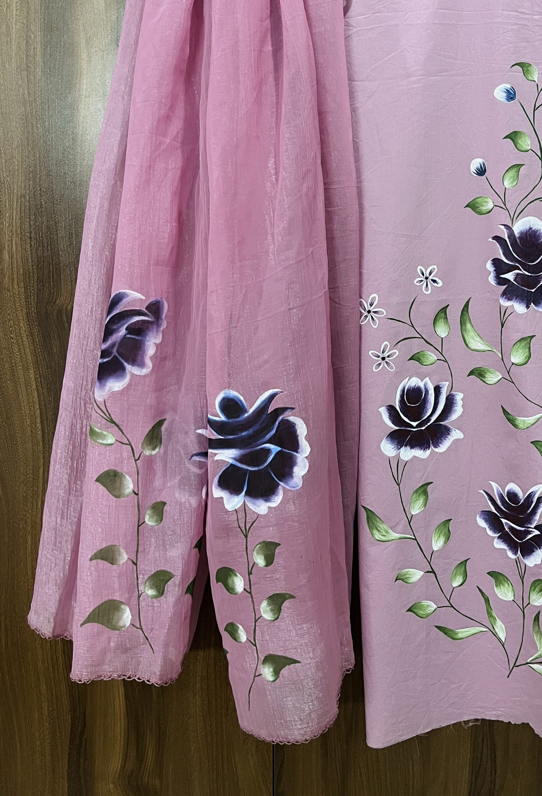 Hand-Painted Pink Floral Unstitched Suit with Dupatta - Image 3