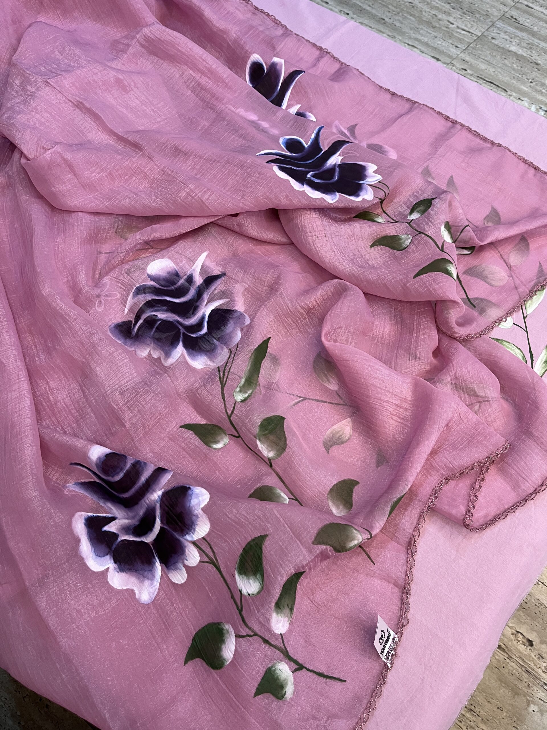 Hand-Painted Pink Floral Unstitched Suit with Dupatta - Image 7