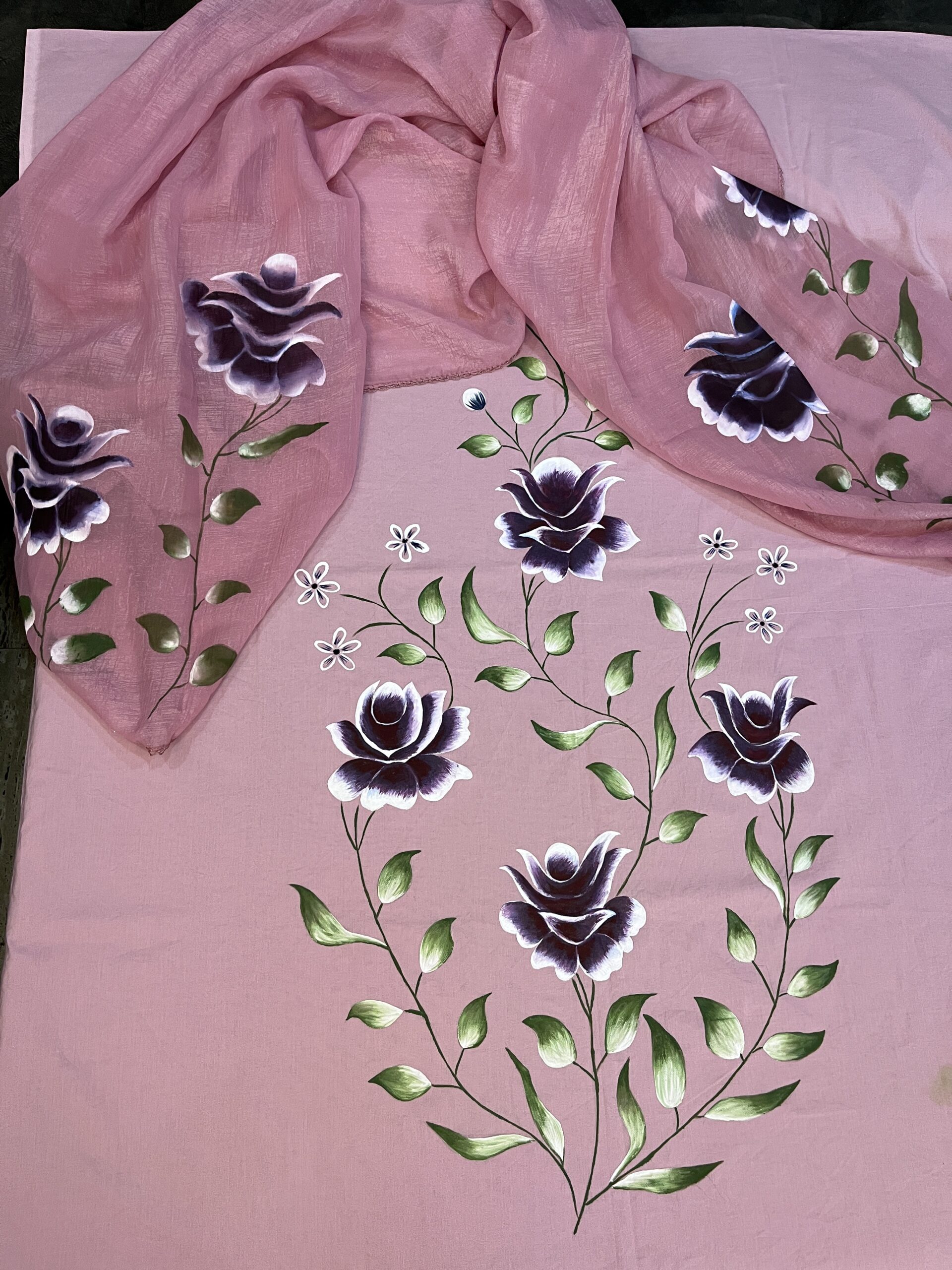 Hand-Painted Pink Floral Unstitched Suit with Dupatta - Image 5