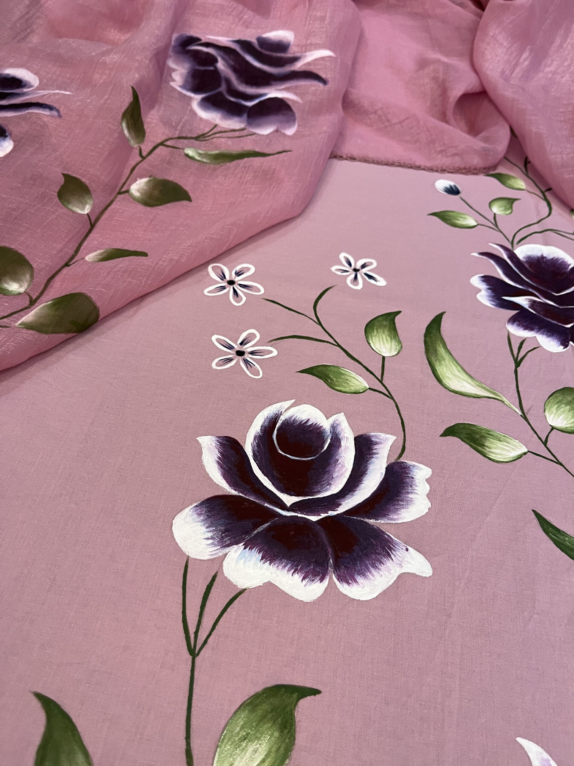 Hand-Painted Pink Floral Unstitched Suit with Dupatta - Image 6