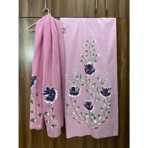 Hand-Painted Pink Floral Unstitched Suit with Dupatta