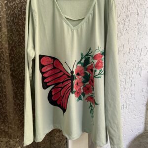 Hand-Painted Pista Green Butterfly Floral Top