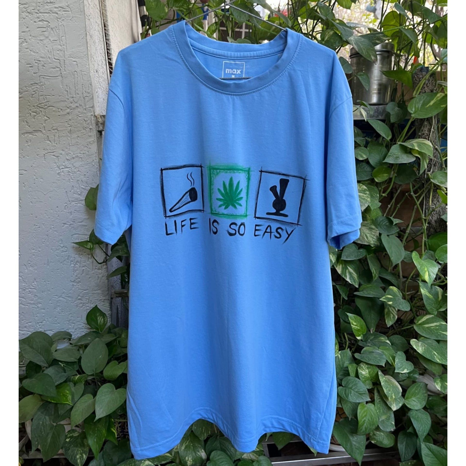 Men's Hand-Painted Blue T-Shirt – Life Is So Easy Graphic Design
