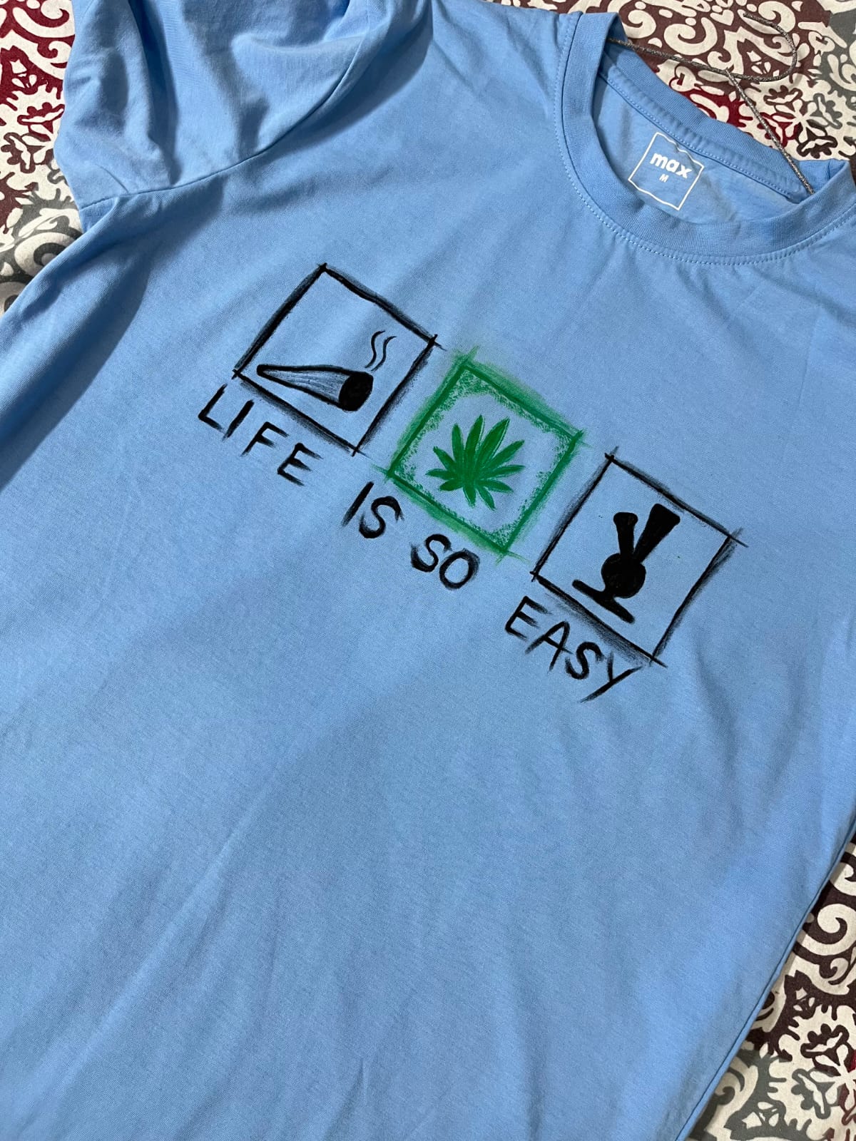 Men's Hand-Painted Blue T-Shirt – Life Is So Easy Graphic Design - Image 2
