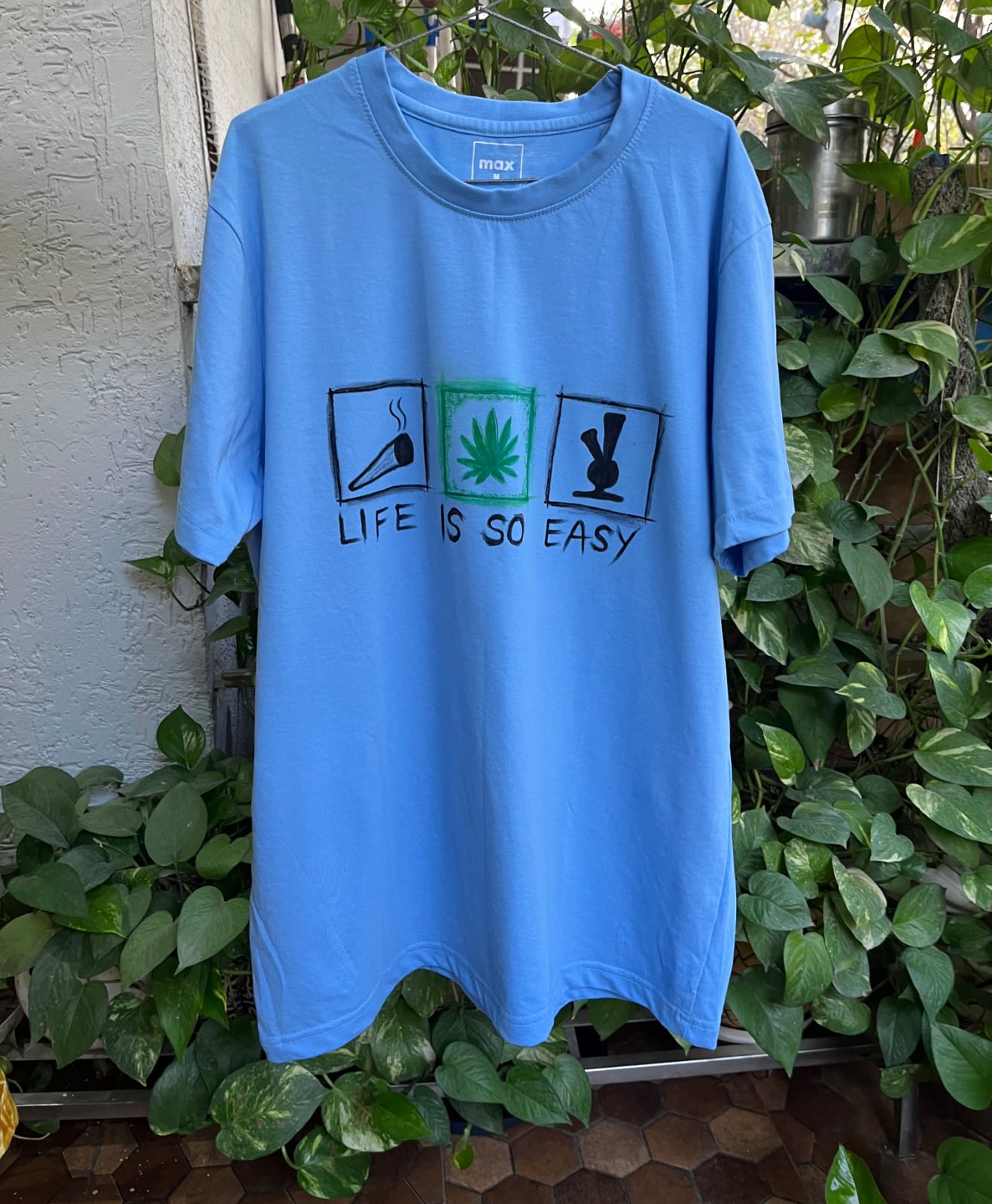 Men's Hand-Painted Blue T-Shirt – Life Is So Easy Graphic Design - Image 3