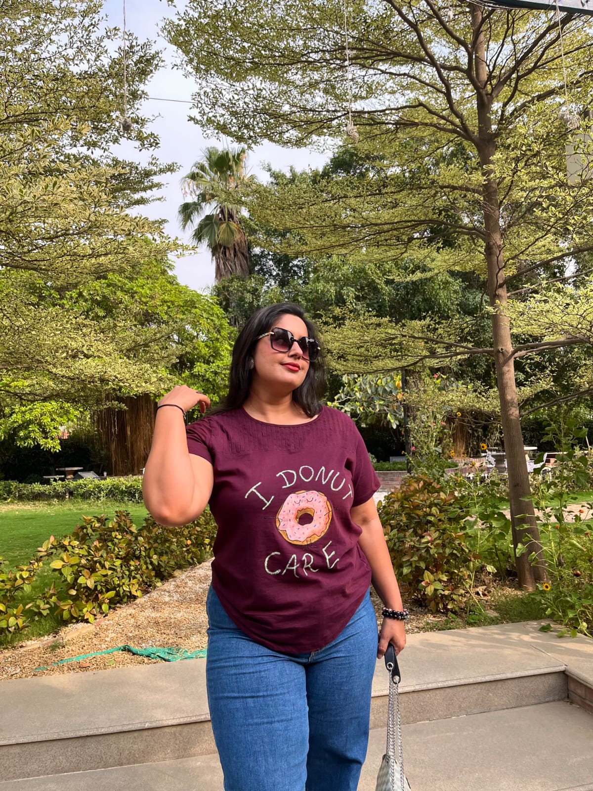 Hand-Painted "Donut Care" Women's Cotton Top – Deep Plum - Image 3