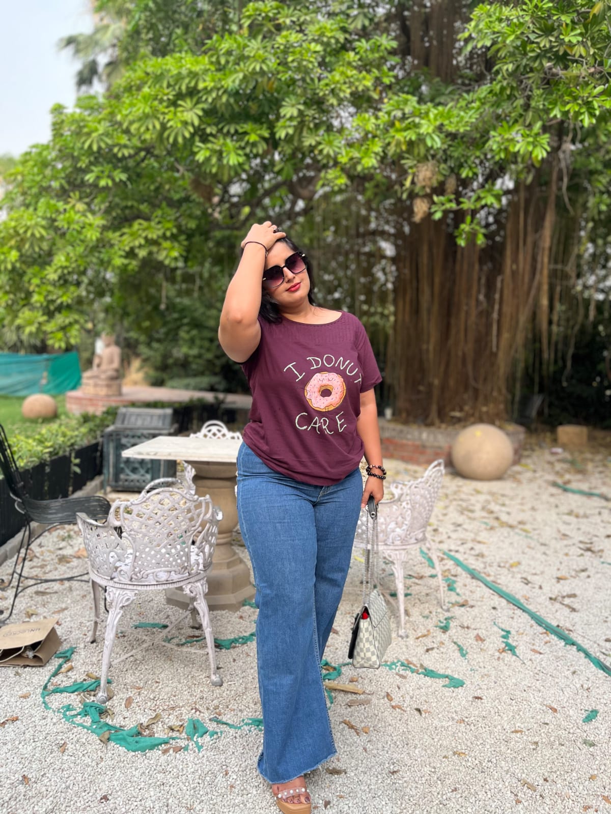 Hand-Painted "Donut Care" Women's Cotton Top – Deep Plum - Image 6