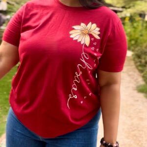 Hand-Painted Sunflower Red Cotton T-Shirt for Women – XXL