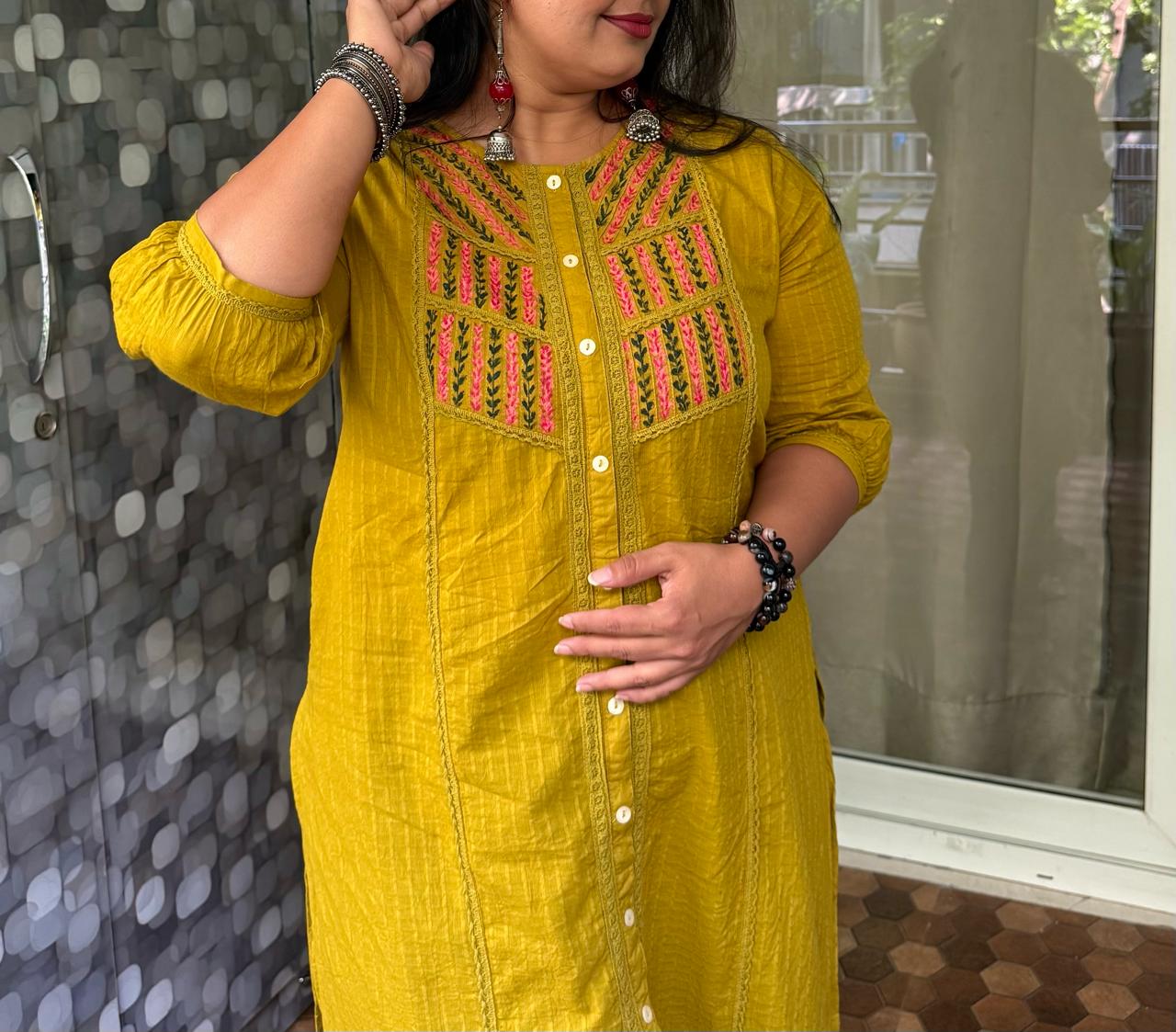 Mustard Embroidered Cotton Kurta for Women – XXL - Image 3