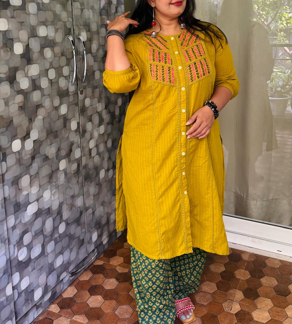 Mustard Embroidered Cotton Kurta for Women – XXL - Image 2