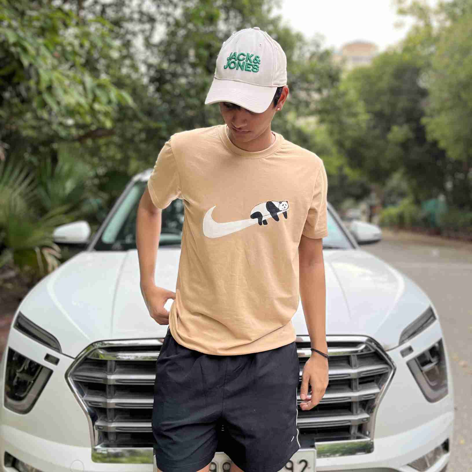 Ehsaas Hand-Painted Panda Beige Cotton T-Shirt for Men